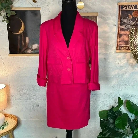 NWT House of Harlow 1960 barbie pink linen skirt suit set size LARGE - Picture 2 of 13